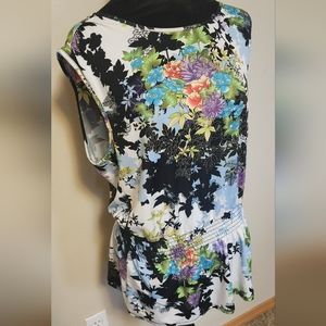 Robert Louis Blouse Large Floral Sleeveless Round Neck Elastic Cinched Waist